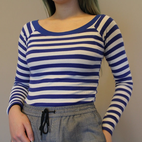 Blue striped long sleeve wide neck top - Picture 1 of 4